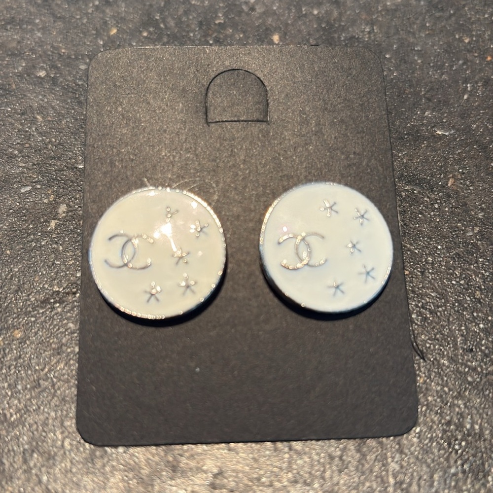 Gold and Opal White LV Gucci Logo Earrings - designer bling - Picture 12 of 14